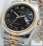 Copy Rolex Datejust 2-Tone Watch Black Micro Dial Roman Markers
